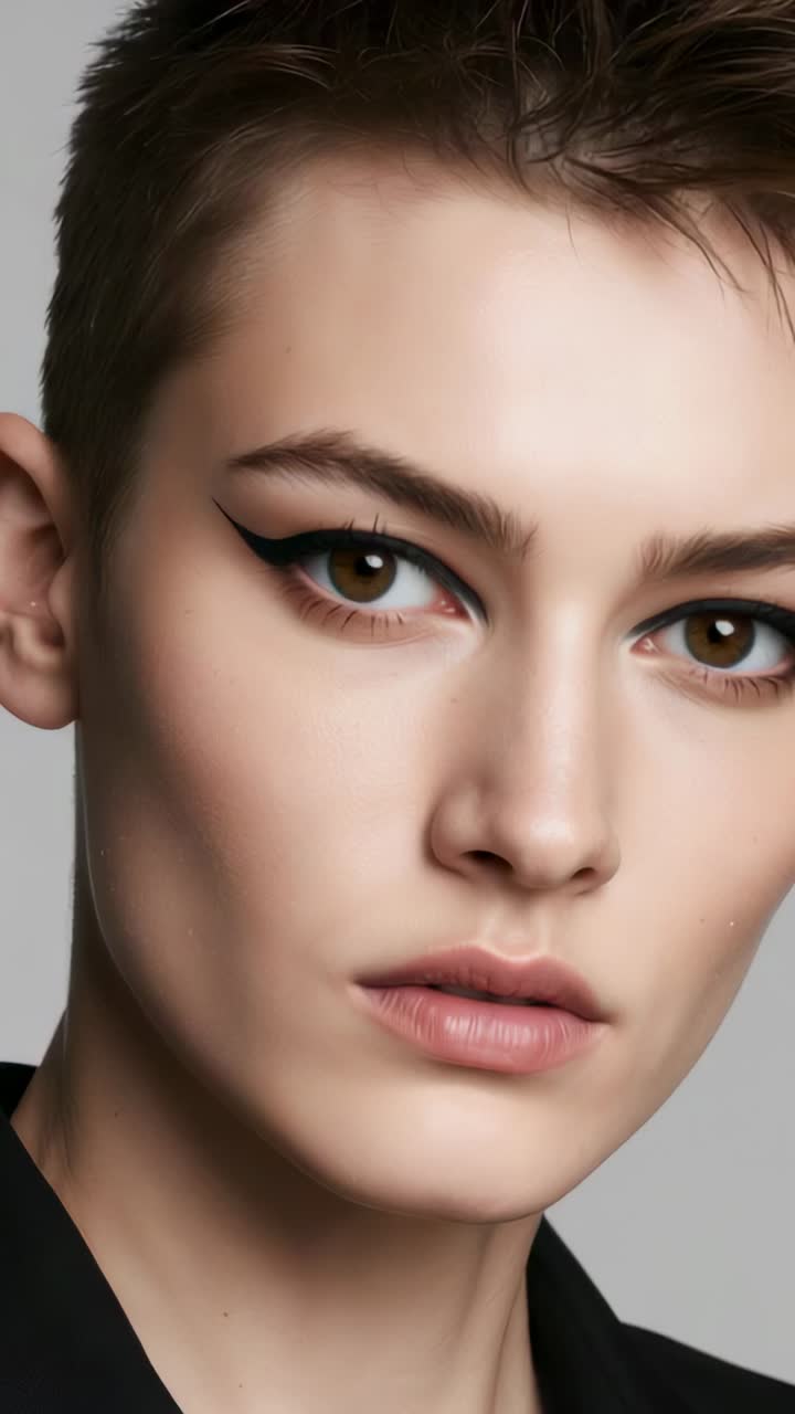 Vertical video: Cueing model posing in studio session wearing black blazer showing winged eyeliner