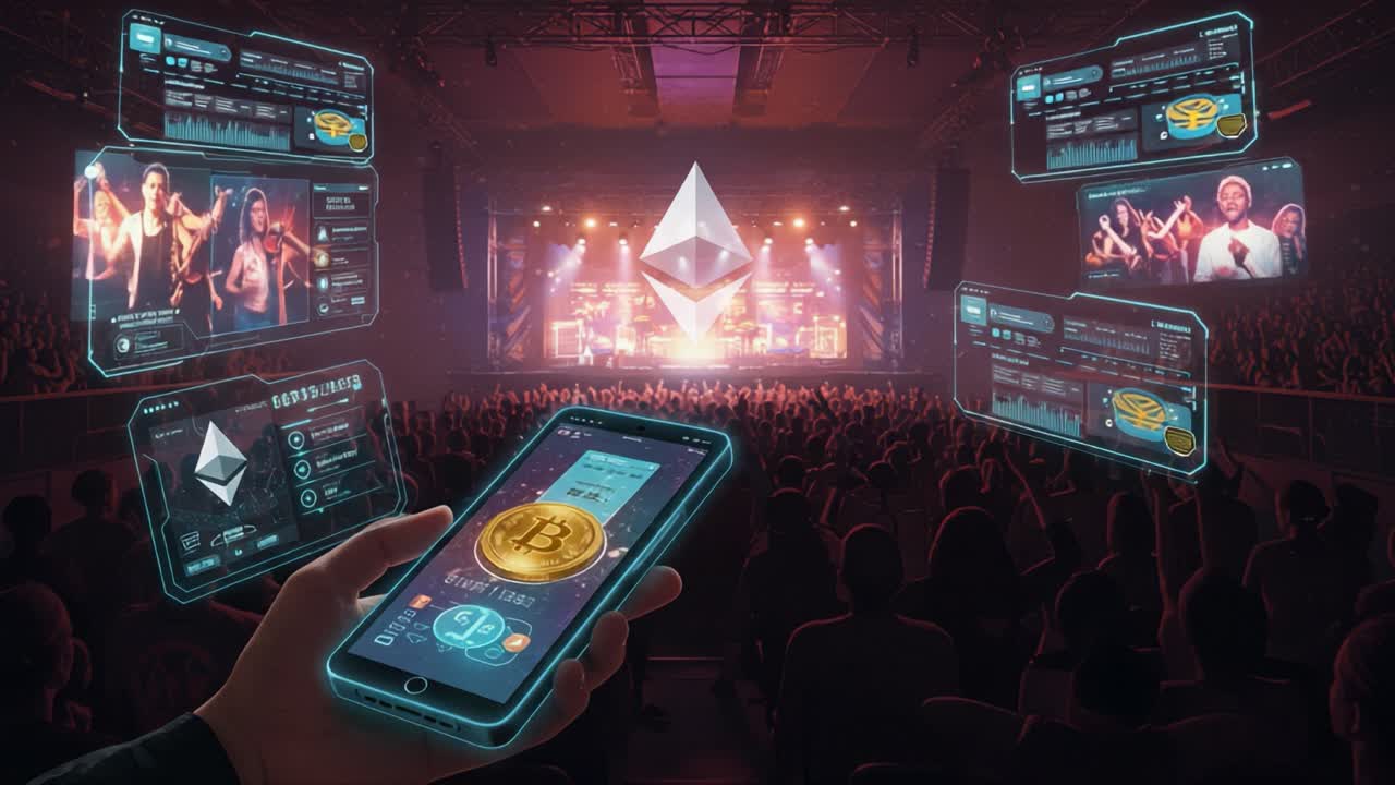 A Vibrant Cryptocurrency Concert Experience: An Enthralling Digital Display of Blockchain Technology on Stage with Captivating Performers and Engaged Audience