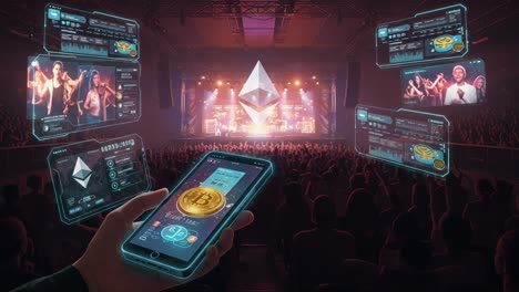 a vibrant cryptocurrency concert experience: an enthralling digital display of blockchain technology on stage with captivating performers and engaged audience