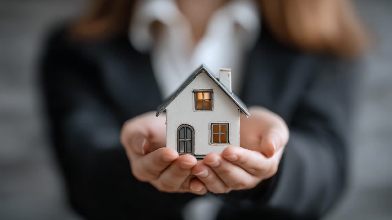 Una persona che tiene in mano una casa modello, rappresentando la proprietà immobiliare e il concetto di casa con un'atmosfera calda e accogliente in un contesto professionale.