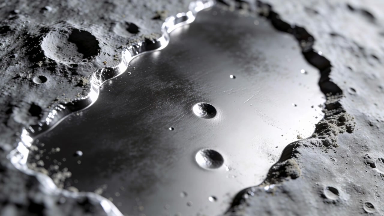 Revealing mirror pool forming two circular bowls after small ripples in crater, with jagged rim