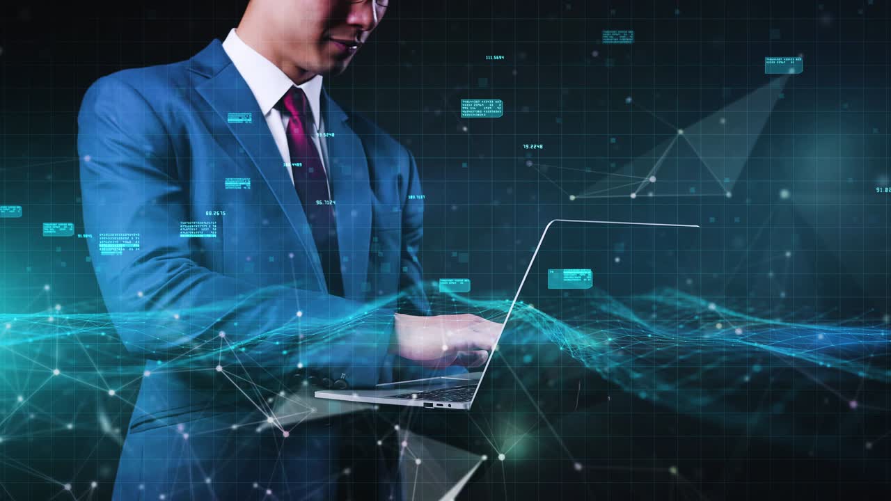 컴퓨터를 사용하는 사업가 미래 금융 정보 그래픽 그래프 차트 데이터 분석. 디피와 증권거래소 금융 투자 미래 기술 개념