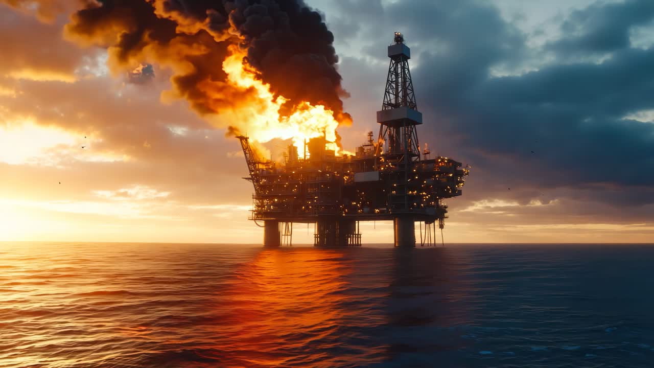 En boreplatform midt ude på havet ved solnedgang