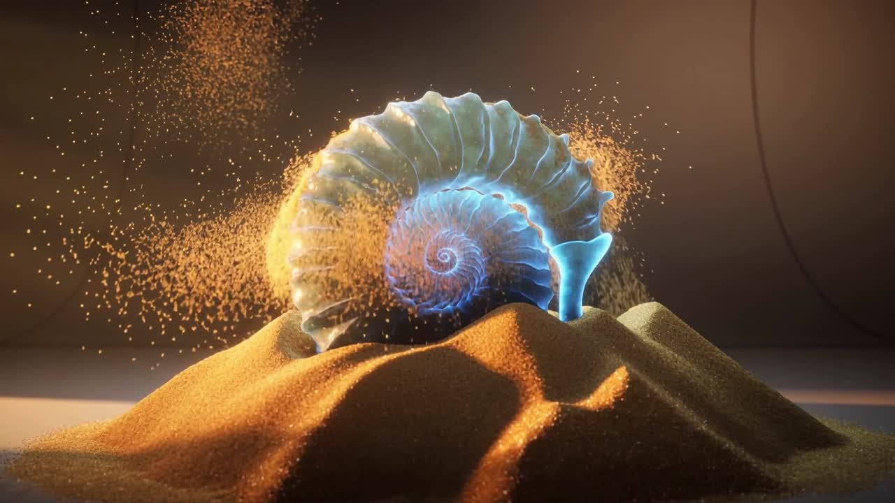 Fluxo de areia formando monte em mesa de estúdio, concha espiral transparente subindo, revelando núcleo azul