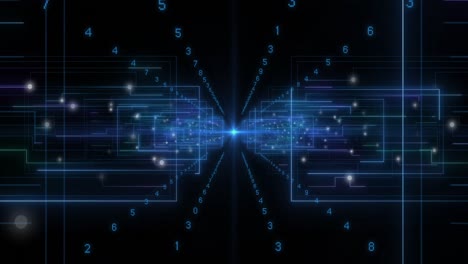 animation of scopes scanning and data processing with binary coding on black background