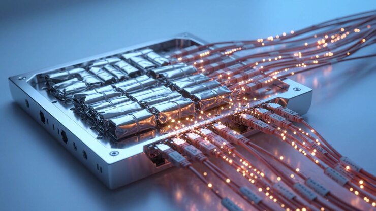 Sistema futuristico di gestione dell'energia con indicatori LED e cavi di connettività in un ambiente ad alta tecnologia che mostra la tecnologia del futuro.