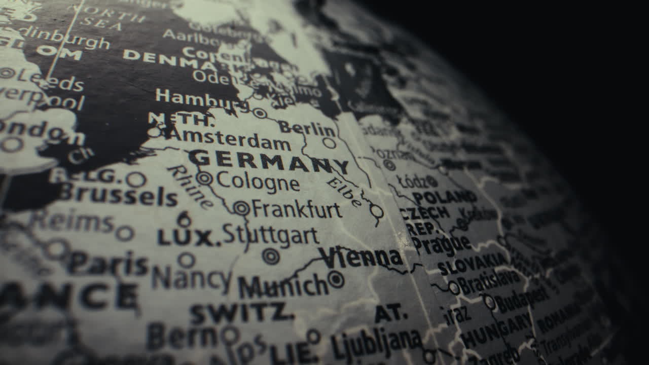 Close-up of a world map focused on Europe