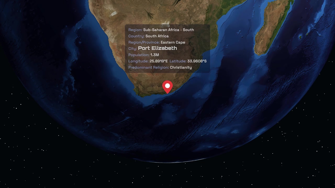 Digital globe rotates and zooms into Port Elizabeth South Africa with data overlay and pin