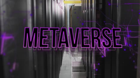 Animation-of-metaverse-text-banner-and-purple-light-trails-against-computer-server-room