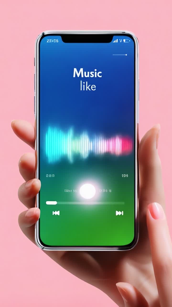 Una mano con uno smartphone che mostra l'interfaccia di un lettore musicale, con visualizzazione colorata delle onde sonore e controlli di riproduzione, per catturare la gioia di ascoltare i brani preferiti in un ambiente vivace