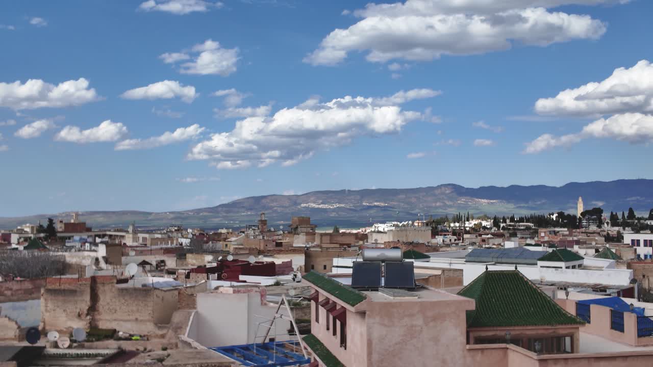 Panoramic of city of Meknes, featuring the Great Mosque minaret, Morocco