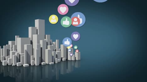 Animation-of-social-media-icons-over-3d-cityscape-on-blue-background