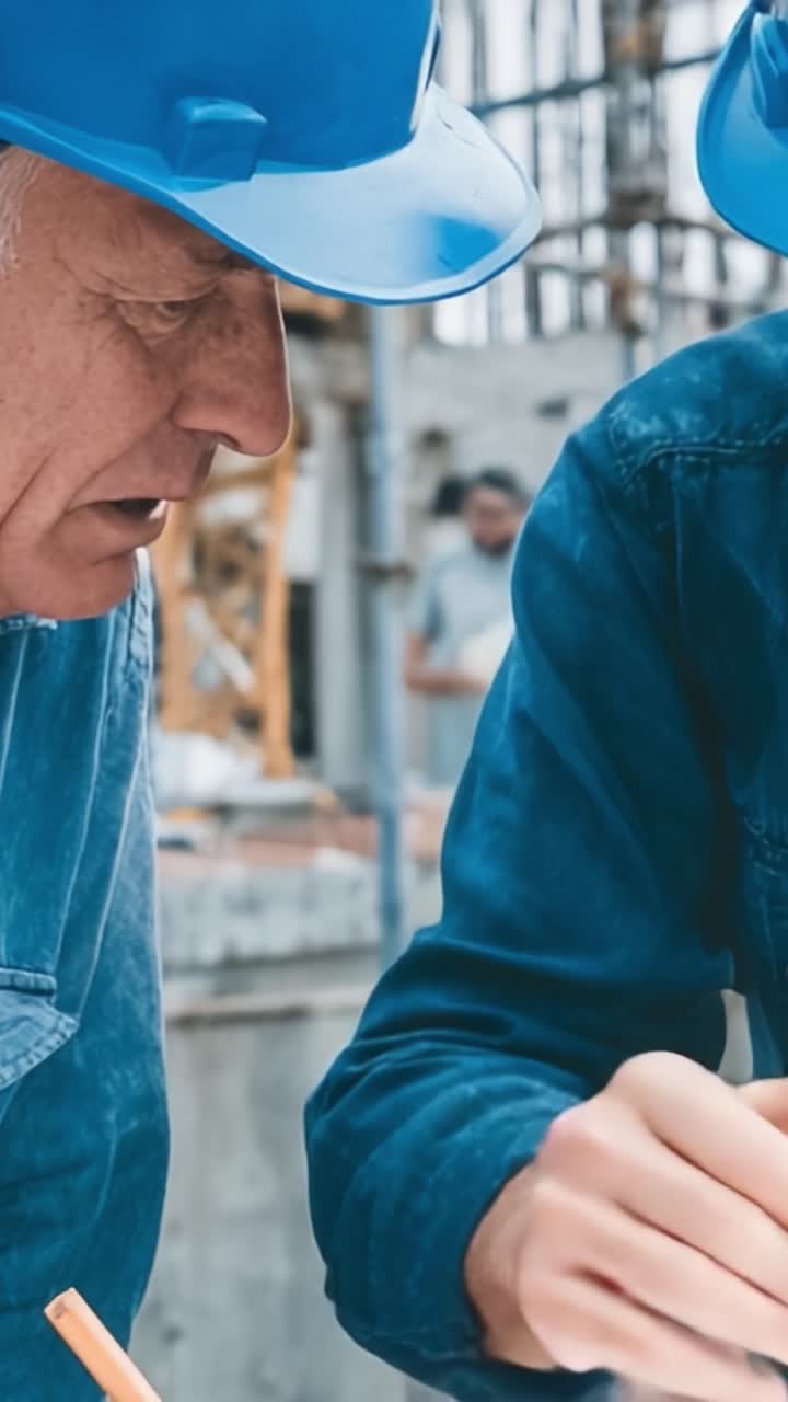 Close-Up of Construction Workers Collaborating on Plans at a Building Site, Demonstrating Teamwork and Safety in the Construction Industry
