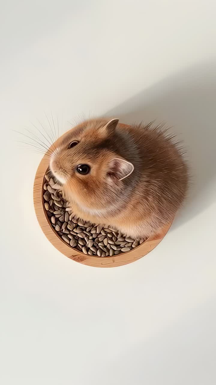 Vertikales Video: Aufnahme eines Goldhamsters, der in einer runden Schüssel auf einem weißen Tisch mit Samen nach Futter sucht