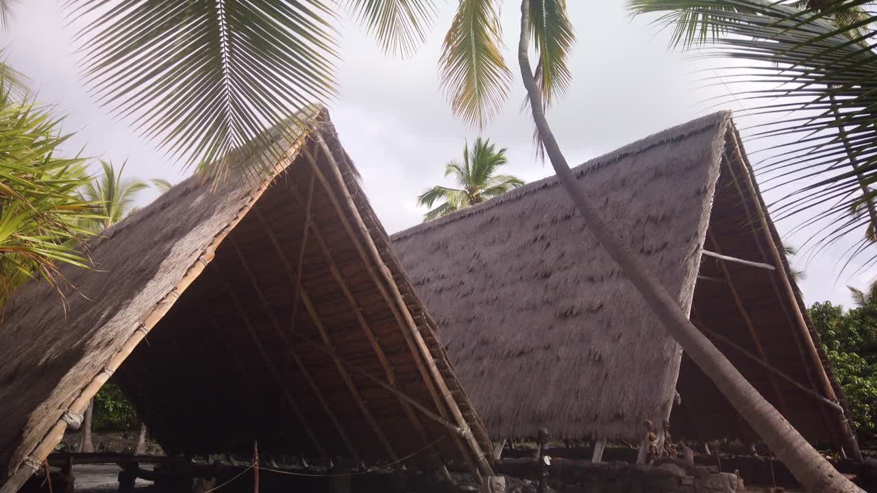 Gimbal booming down shot of two ancient Hawaiian hales side by side at Pu'uhonua O Honaunau National Historical Park on the Big Island of Hawai'i