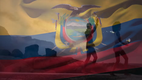 walking on rocky terrain, people with ecuadorian flag animation in background