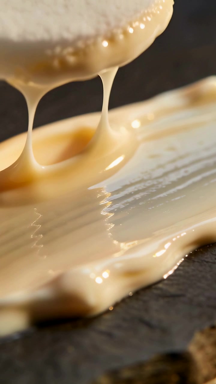 Vertical video: Separating mousse disc on lift from caramel cream on slate leaving crumb