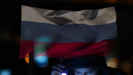 animation of caucasian male hacker over data processing and flag of russia