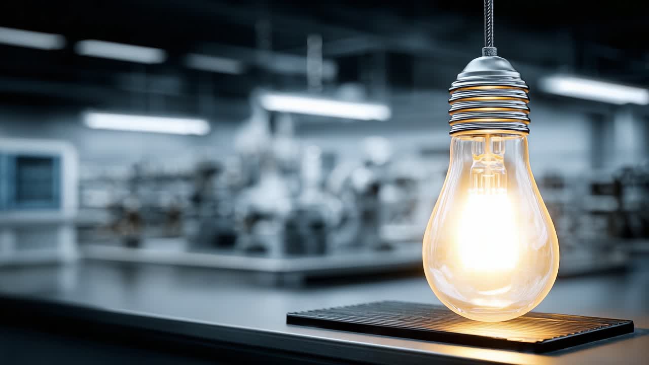 A Stunning Close-Up of a Contemporary Light Bulb Illuminating a Sleek Workspace Against a Blurred Background of Modern Industrial Design Elements