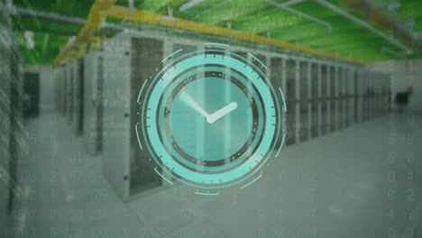 animation of data processing and moving clock over server room