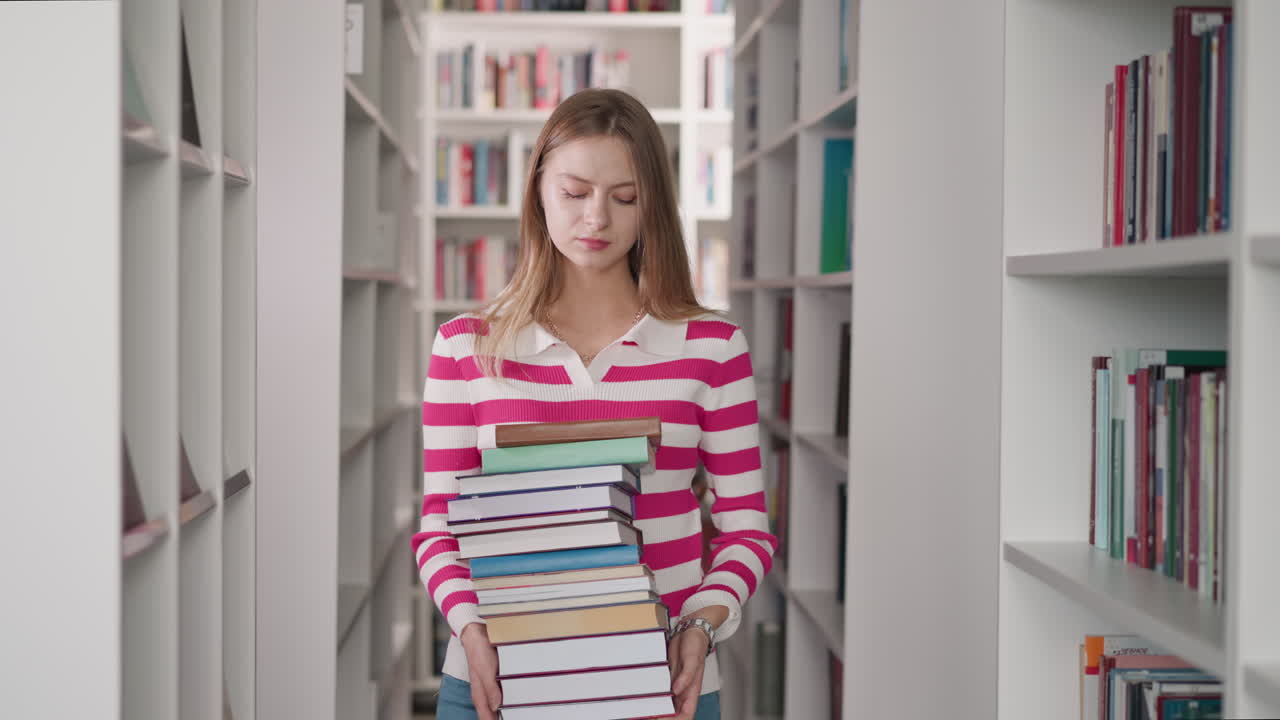 Female reader carries book pile in university storage. Blonde woman holds literature for thesis writing in public library. Scientific project sources