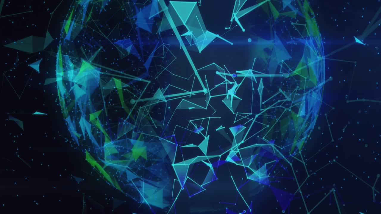 Animace digitálních teček spojujících se čárami a tvořících glóbus na pozadí programovacího jazyka