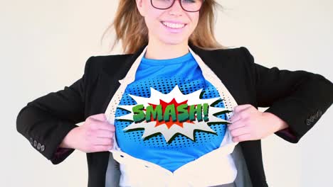 smash text on speech bubble against woman revealing t shirt