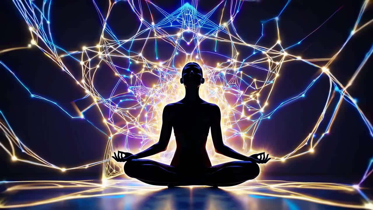 Silhouette of a person meditating, surrounded by glowing lines, captured from a low angle