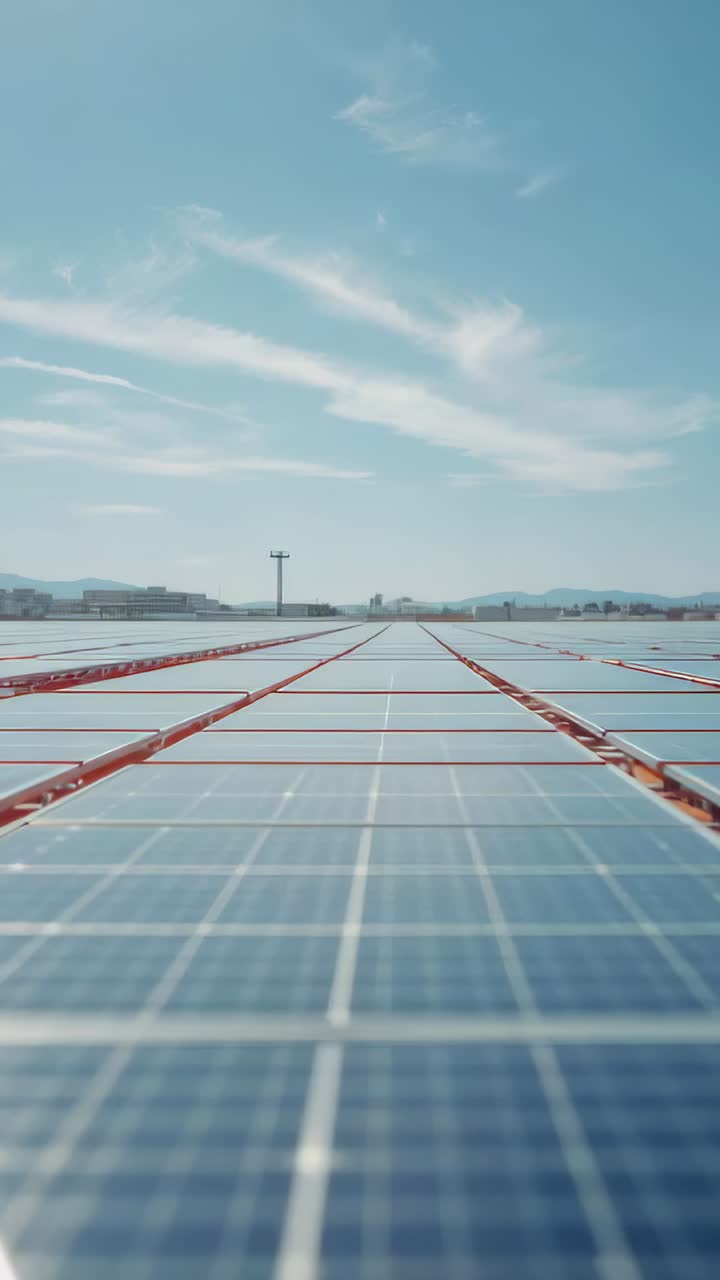 Vertical video: Gliding camera starting forward sweep over solar array at solar field, red rails