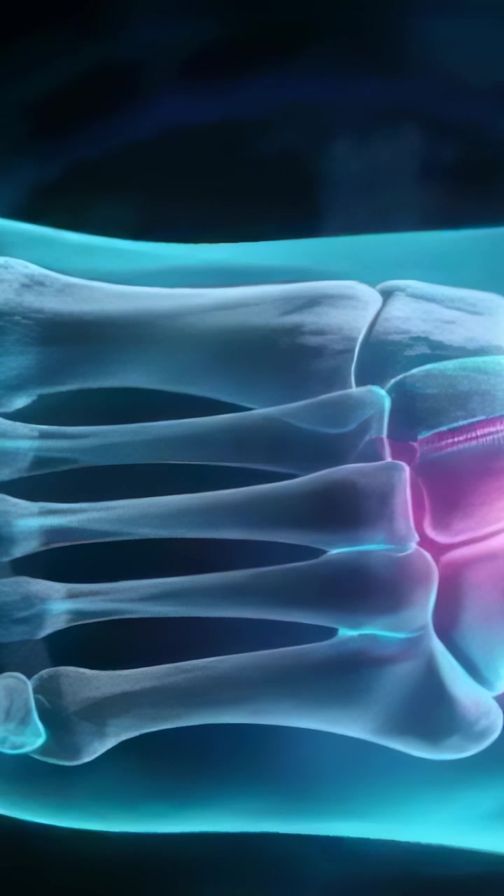 Vertical video: Showing foot bones pulsing as pink glow appearing at midfoot joints in medical scan