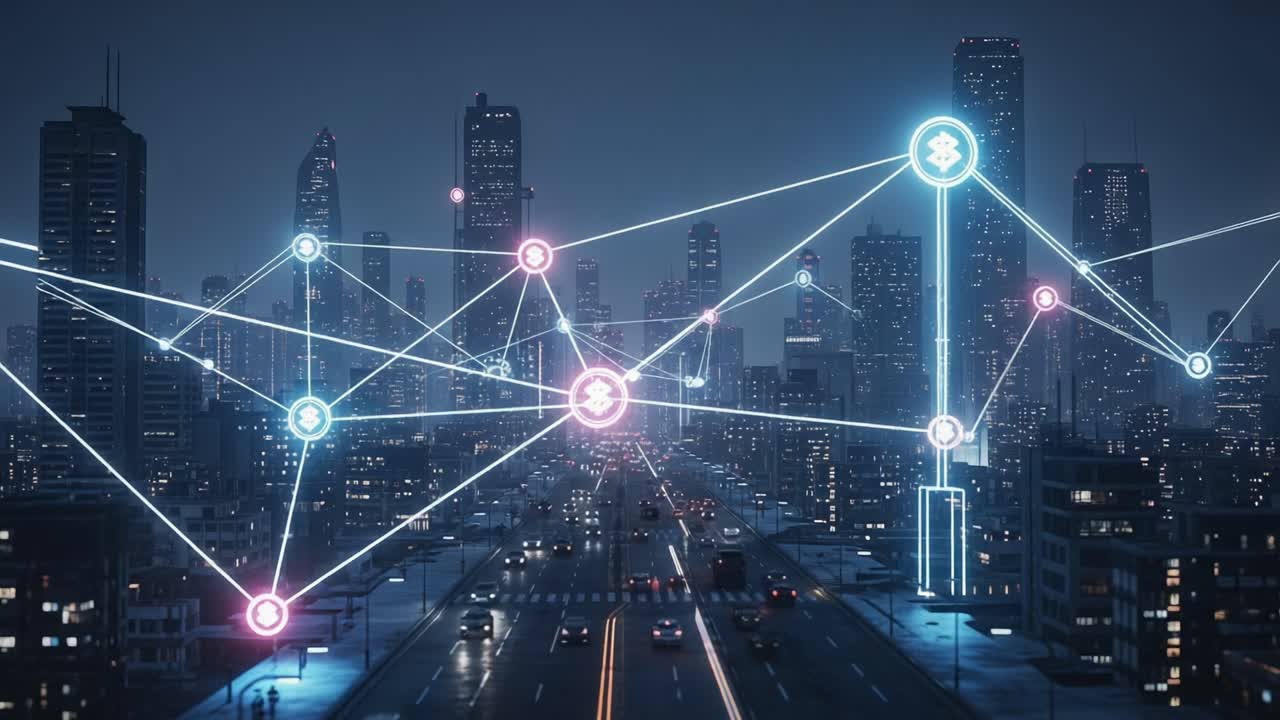 A Futuristic Cityscape Illuminated by Data Connections: Exploring the Digital Networking Landscape of Urban Life and Communication in a Modern Metropolis