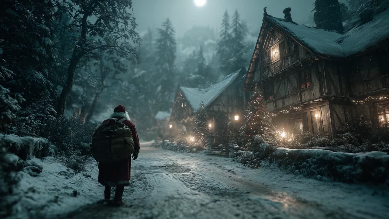 A Mysterious Winter Night: A Figure in a Red Coat Walking Toward a Twinkling Village Under the Moonlight Surrounded by Snow-Covered Trees and Festive Decorations