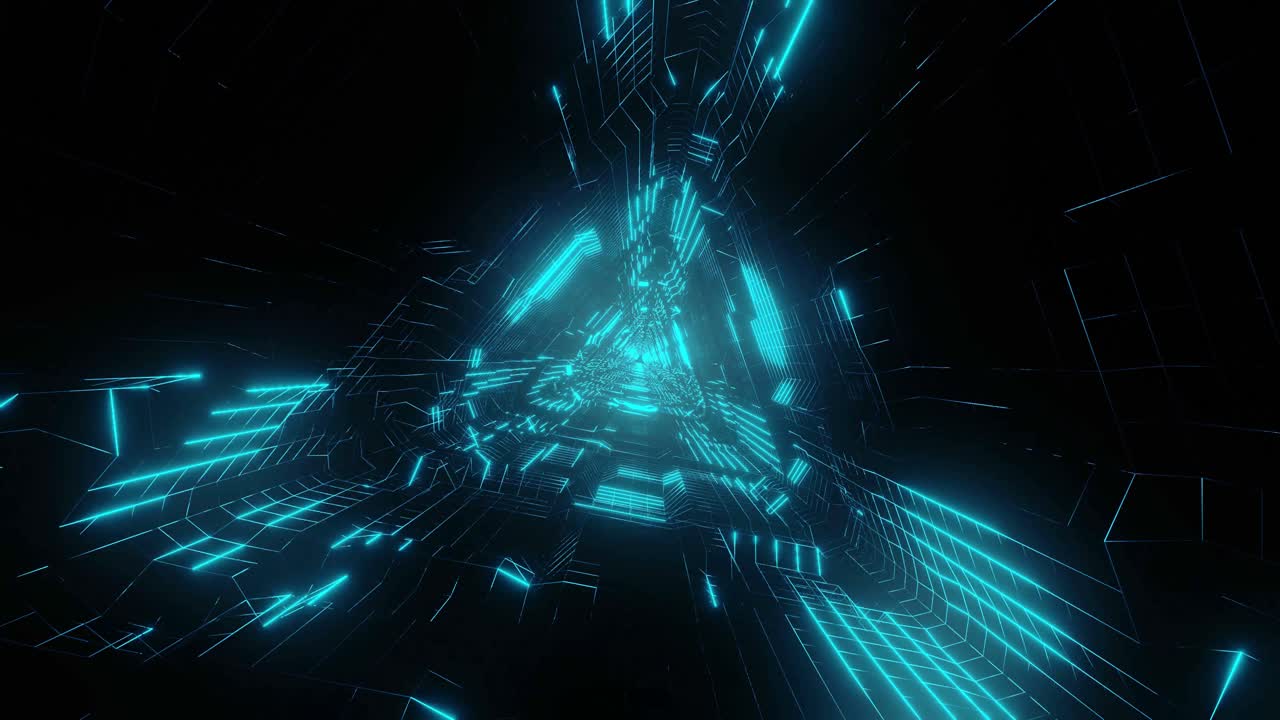 Abstract tech structure, neon blue triangle sci-fi tunnel. Futuristic VJ loop motion graphics for music video, night club concert, audio visual show background. Time warp portal. 3D animation 4K loop