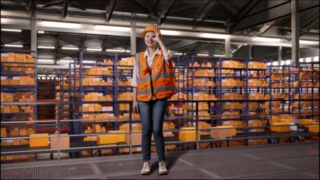 full body of asian female engineer with safety helmet standing in the warehouse with shelves full of delivery goods. smiling to camera and showing ok hand sign over eye in the storage
