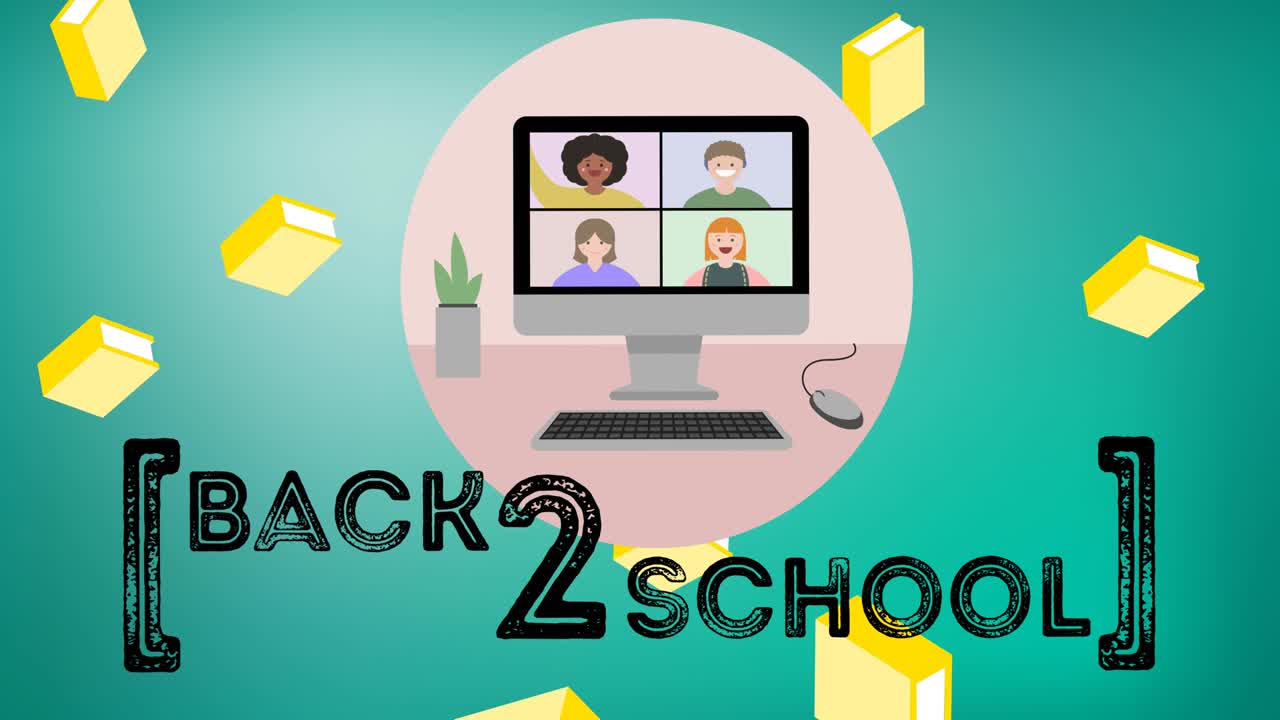 Animation of text back 2 school over falling books and computer video call in pink circle, on blue