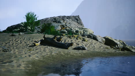 serene lakeside landscape with rocks and greenery on a clear day