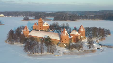 aerial view of trakai island castle in winter time