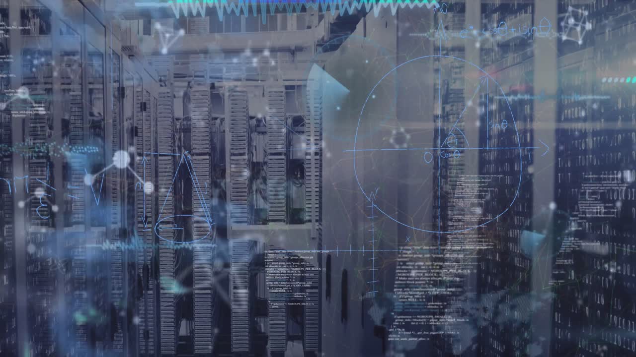 Animation of mathematical equations and data processing with molecules over server room