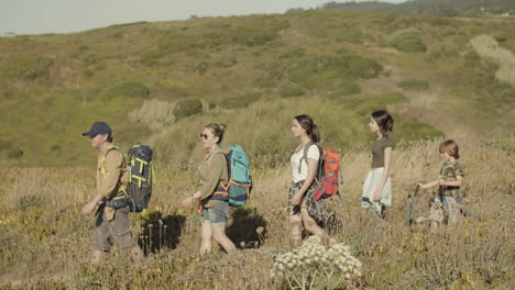 vue latérale d'une famille heureuse avec des sacs à dos marchant le long d'un sentier de randonnée en rangée