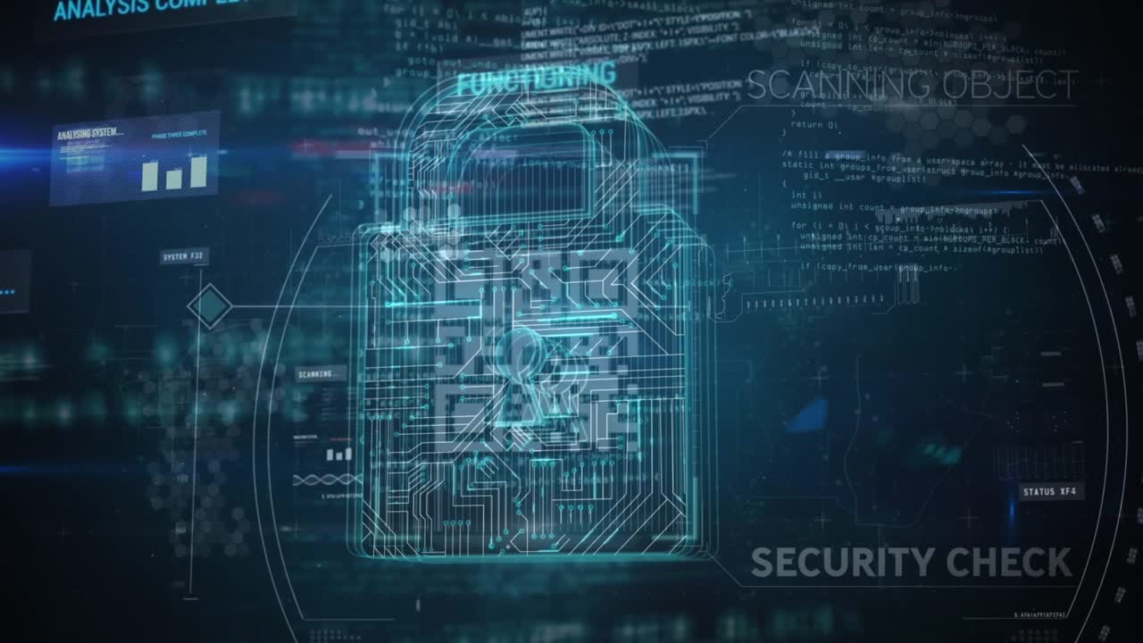 Animation of data and digital padlock on black background