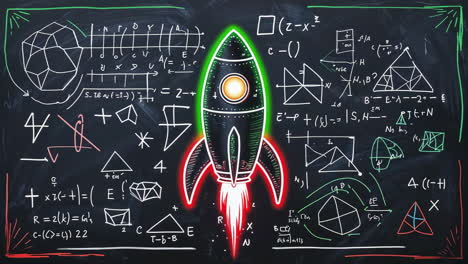 innovation and science: rocket on a chalkboard
