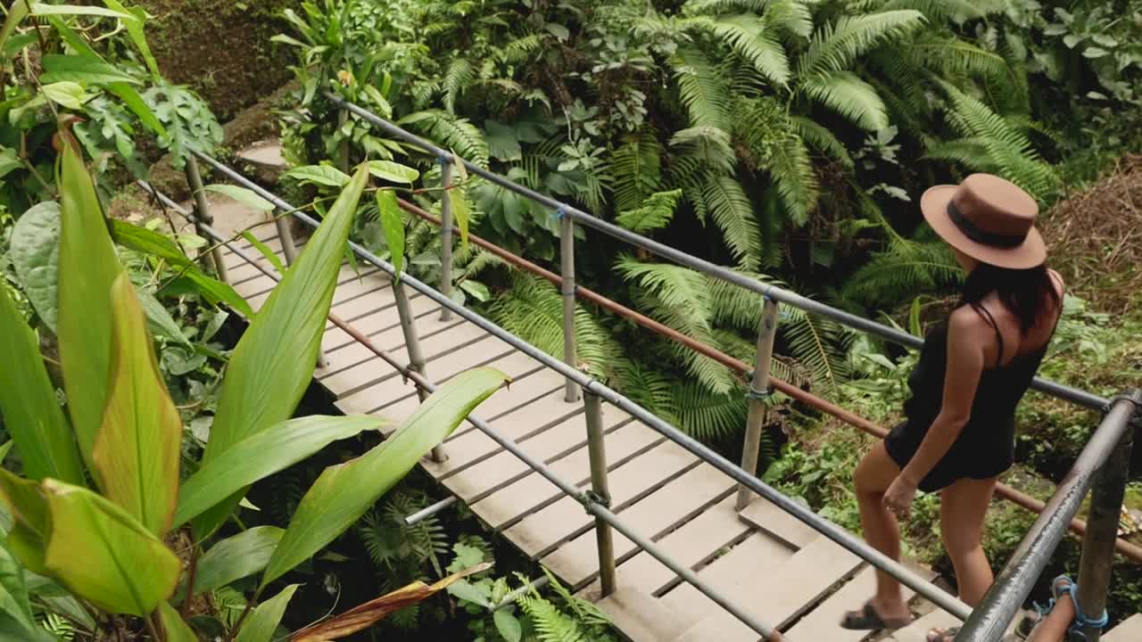 Bali. The girl crosses the river on a wooden bridge in a tropical forest. Around it are rice terraces, palm trees, bushes, the locals harvest.
