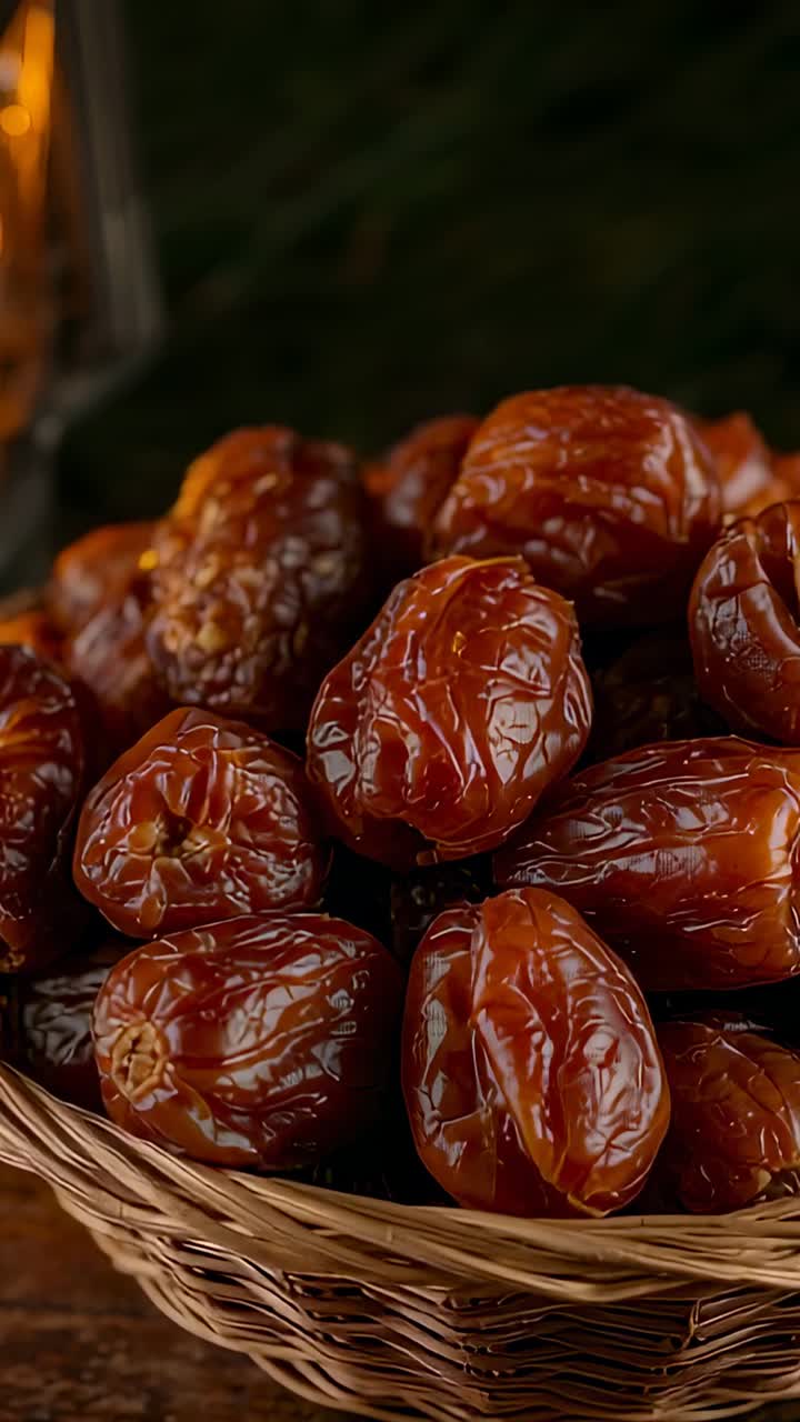 Vertical video: Pushing camera toward woven basket of glossy dates on wood table, glass glow