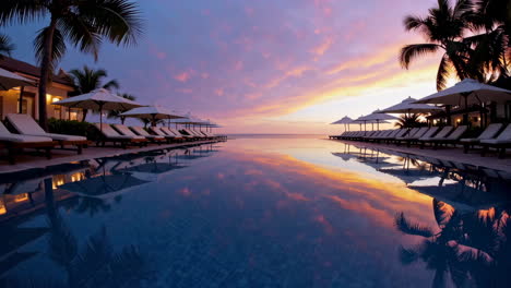 tropical infinity pool at sunset with vibrant sky reflection
