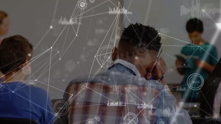 Animation of network of connections with icons over students at school