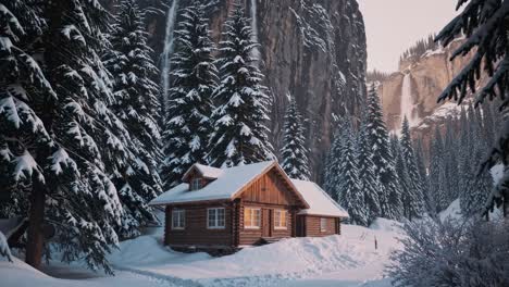 A cozy cabin in a snowy forest, captured from a low-angle, evokes a serene winter escape