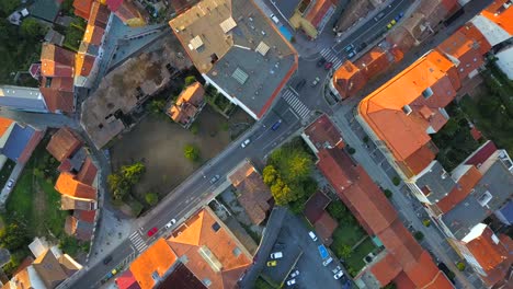 aerial birds eye view over orange coloured rooftops in o grove in galicia