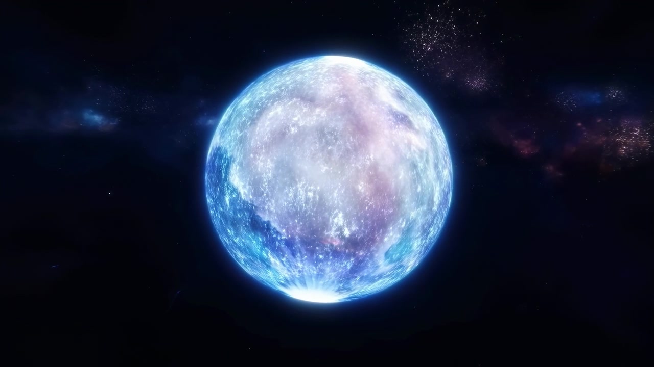 Pemandangan dekat planet biru putih bercahaya menempati bagian tengah bawah dengan latar belakang bidang bintang gelap, menunjukkan tekstur permukaan seperti awan kristal, cahaya tepian yang terang, bulan sabit bawah, dan sorotan berkilau yang padat