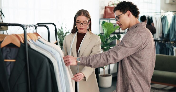 Stilista di moda in consulenza con un cliente in un atelier di abbigliamento
