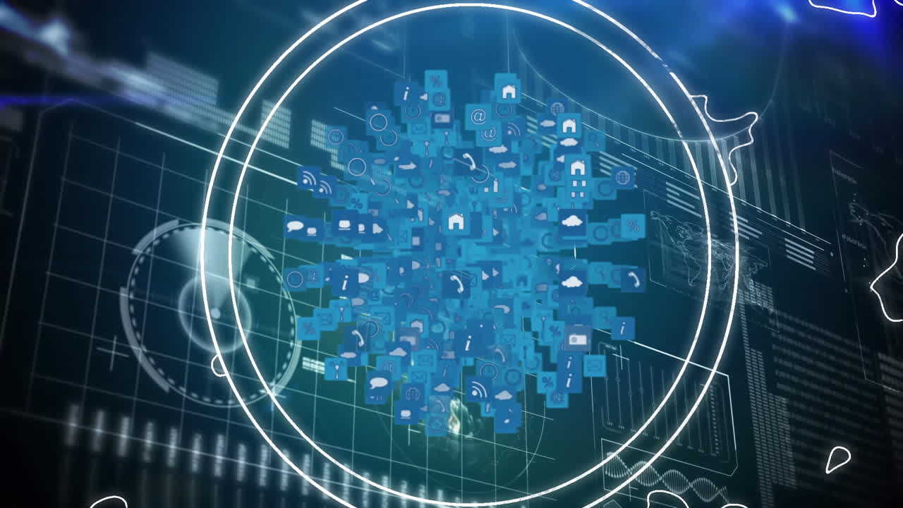 Digital animation of globe of digital icons spinning against computer interface with data processing